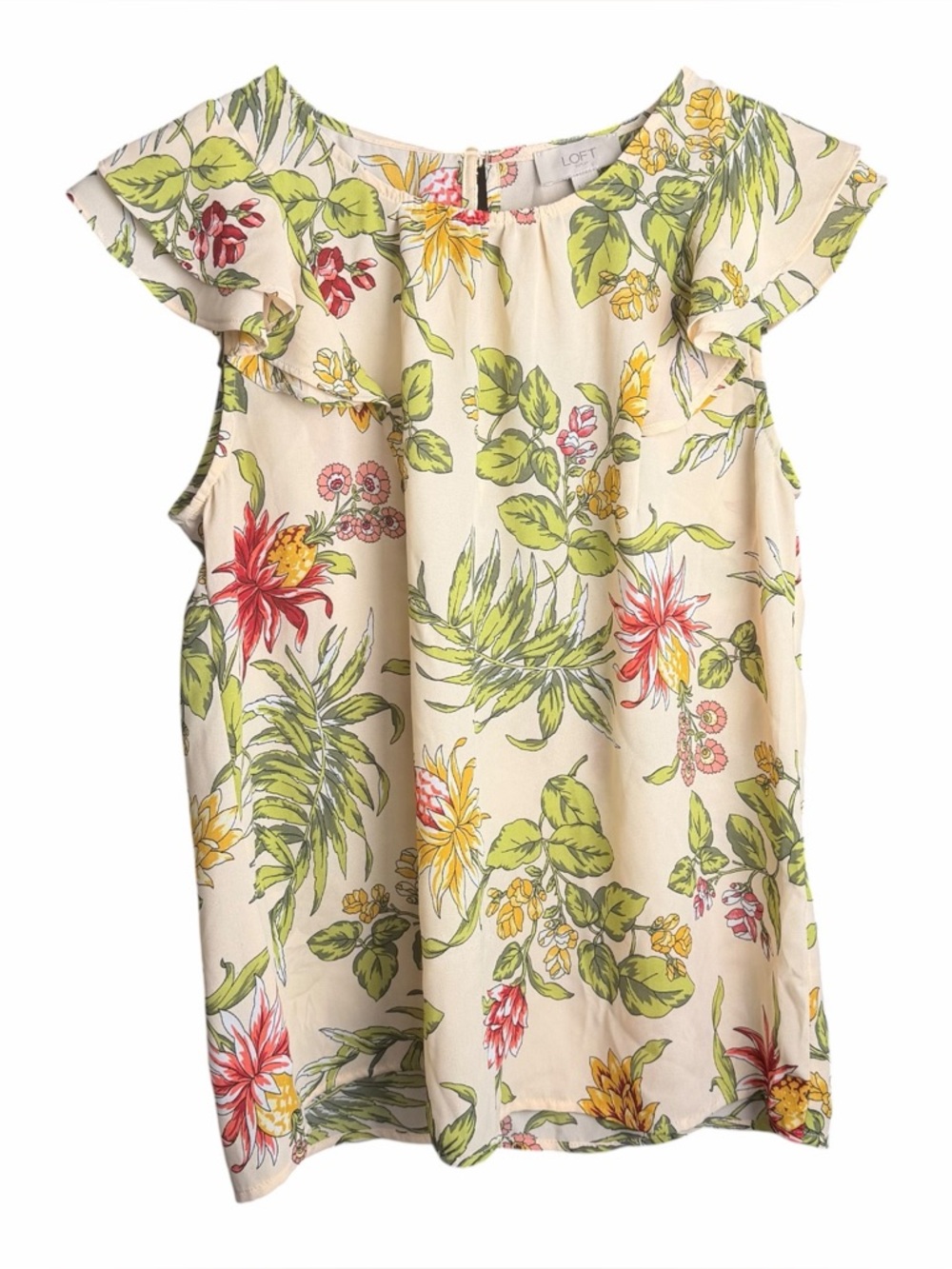LOFT Floral Print Blouse Short Ruffle Sleeves Small Women’s Cream Base